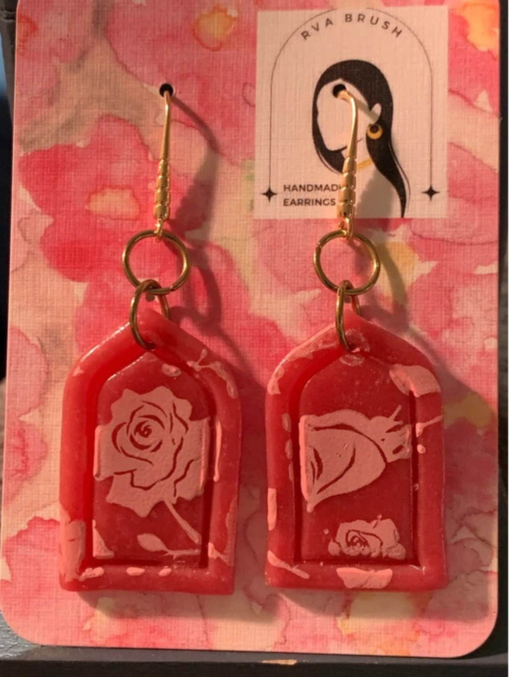 Handmade Pink Rose Arch Dangle Earrings Lightweight Polymer Clay Gift for Her